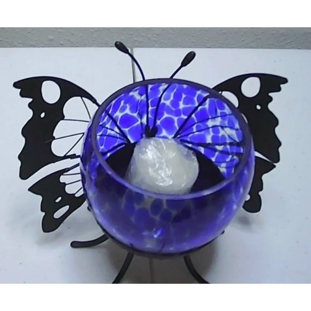 Flying Colors Butterfly Votive Candle Holder Blue Glass 2002 NOS